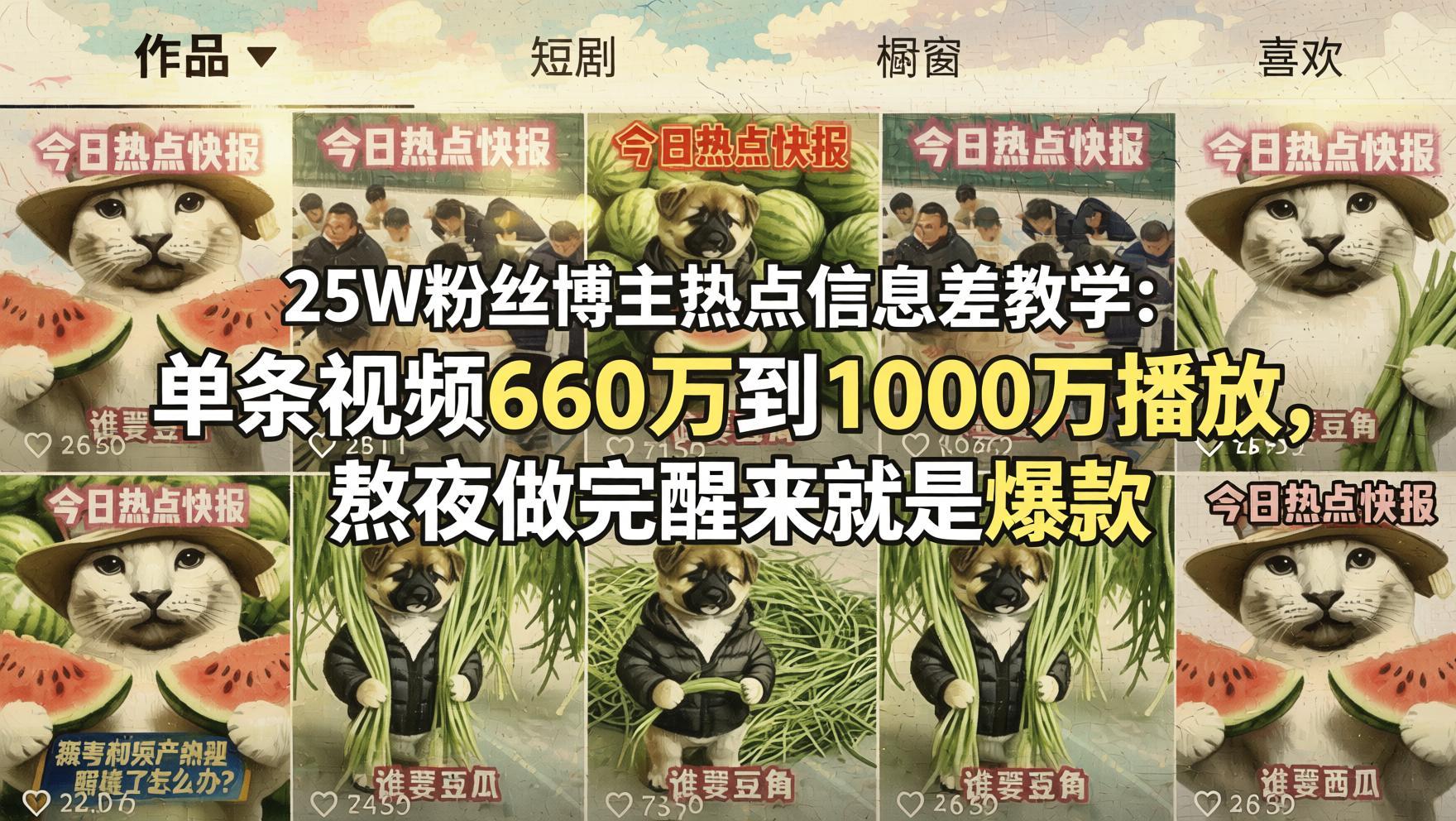 25万粉丝博主揭秘热点信息差玩法:单条视频如何冲击千万播放?(哈)- 哈蒙副业社