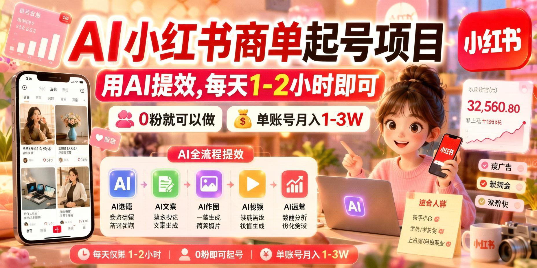 AI小红书商单起号:0粉可接单,AI提效每天1-2小时,单账号月入1-3W(哈)- 哈蒙副业社