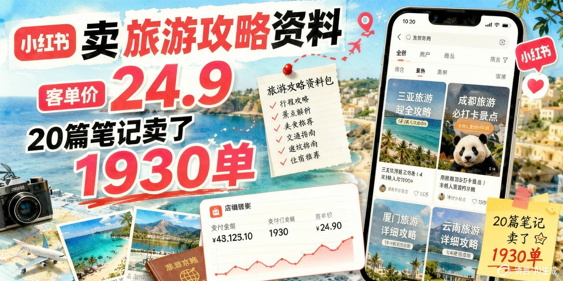 小红书旅游攻略资料副业:24.9元客单价,1930单的轻资产变现路径(哈)- 哈蒙副业社
