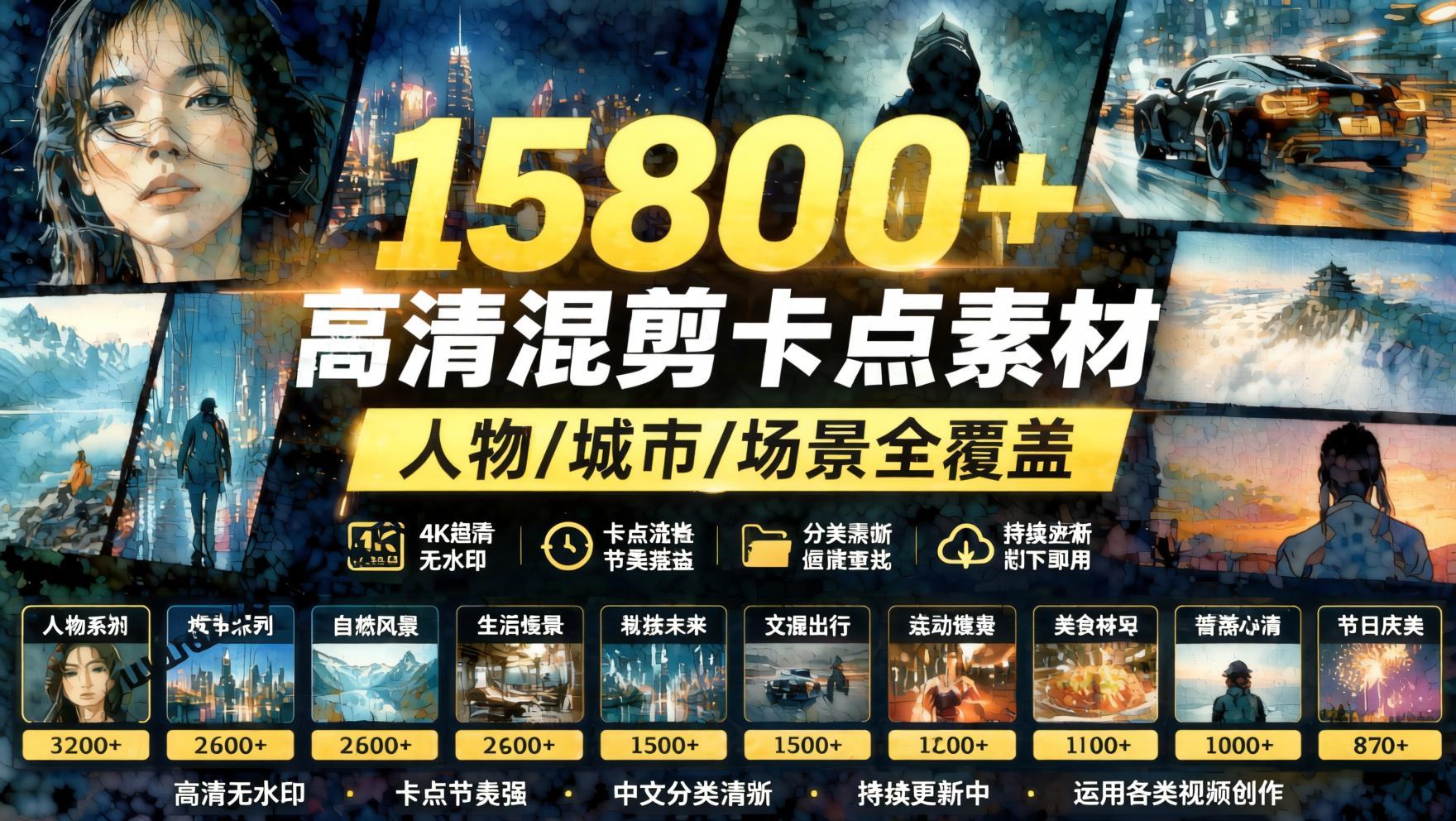 15800+高清混剪卡点|热门影视精彩片段|人物/城市/场景全覆盖,中文分类清晰- 哈蒙副业社