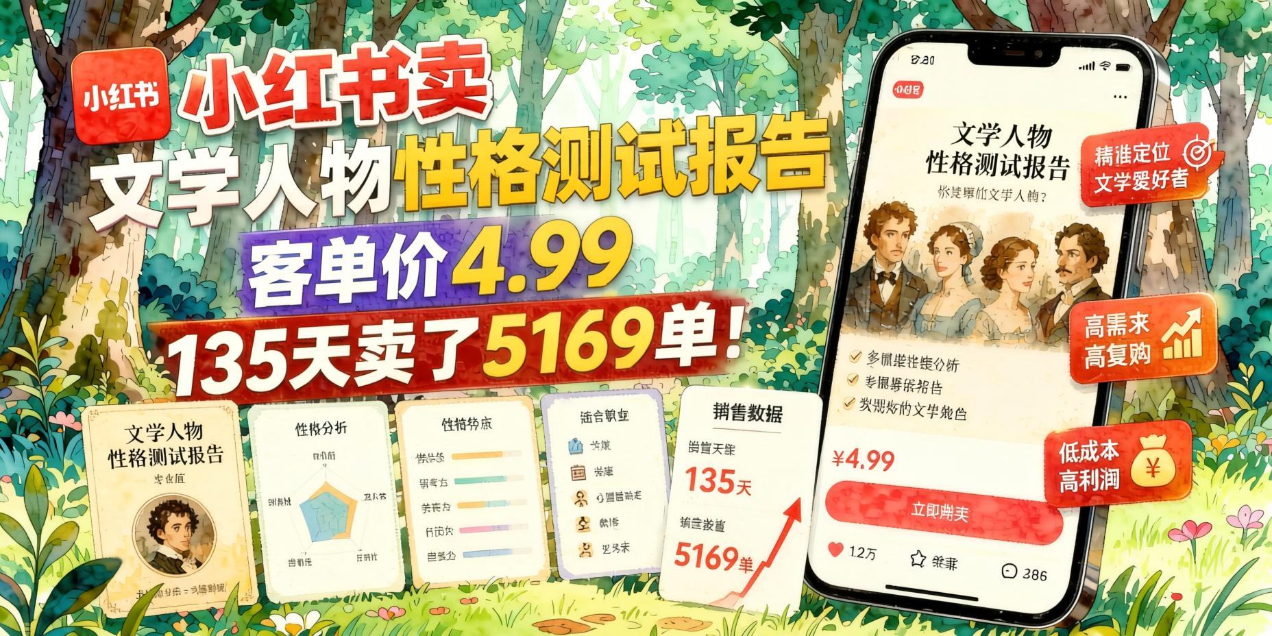 小红书虚拟资料新赛道:文学人物性格测试报告,客单价4.99元,135天成交5169单(哈)- 哈蒙副业社