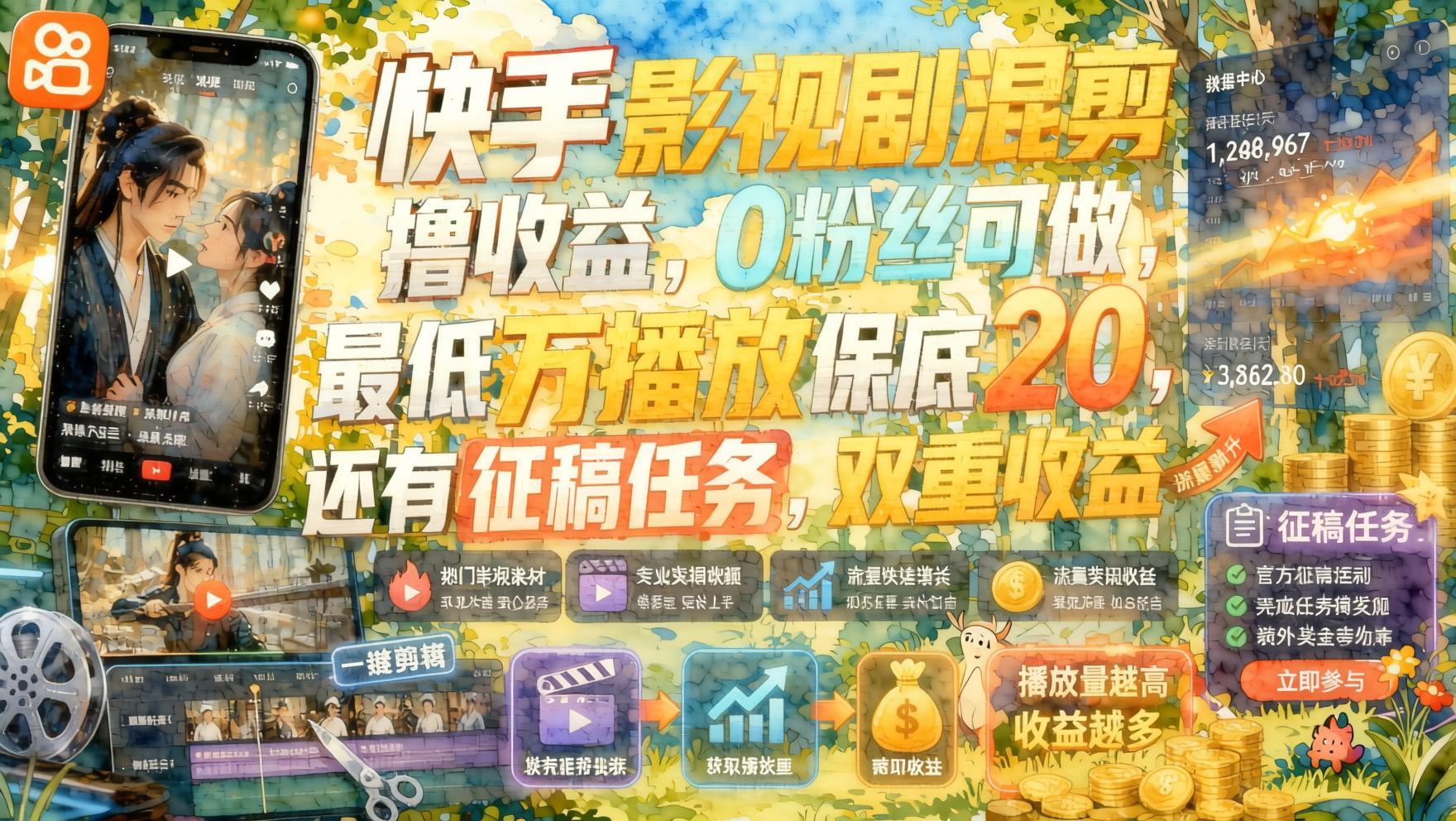 快手影视混剪变现玩法:0粉可做,最低万播保底20元,征稿任务双重收益(哈)- 哈蒙副业社
