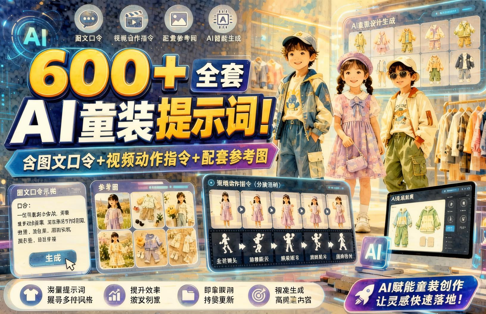 600+全套AI童装提示词!含图文口令+视频动作指令+配套参考图- 哈蒙副业社