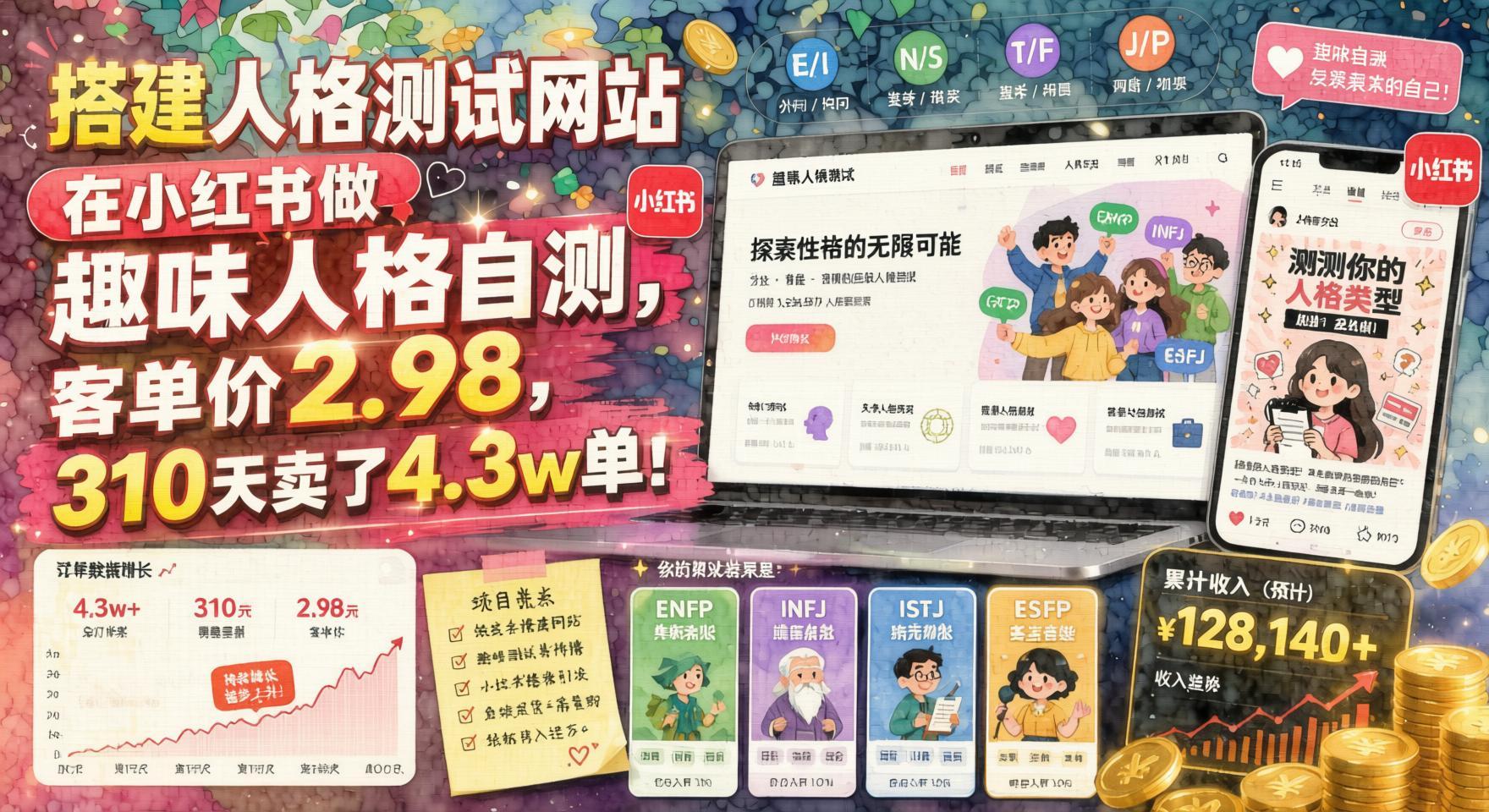 小红书趣味人格测试变现,客单价2.98元,310天卖出4.3万单的轻资产玩法(哈)- 哈蒙副业社