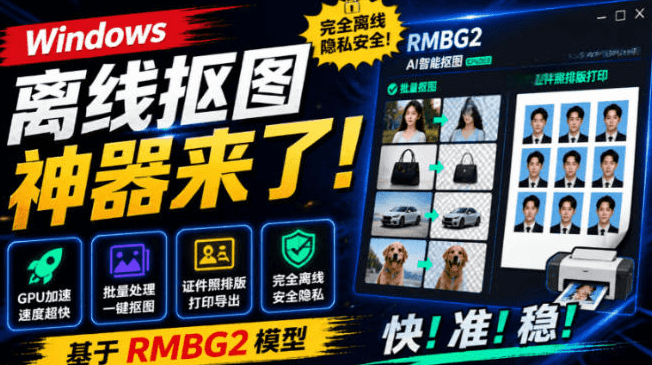 Windows离线抠图神器来了!支持批量抠图+证件照排版打印,基于RMBG2模型,GPU加速方块AI抠图- 哈蒙副业社