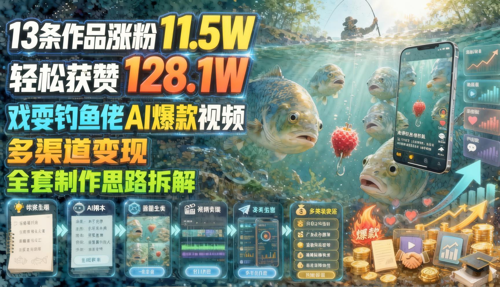 垂钓赛道AI趣味视频新玩法:13条作品涨粉11.5W,获赞128W,不露脸轻松复刻(哈)- 哈蒙副业社