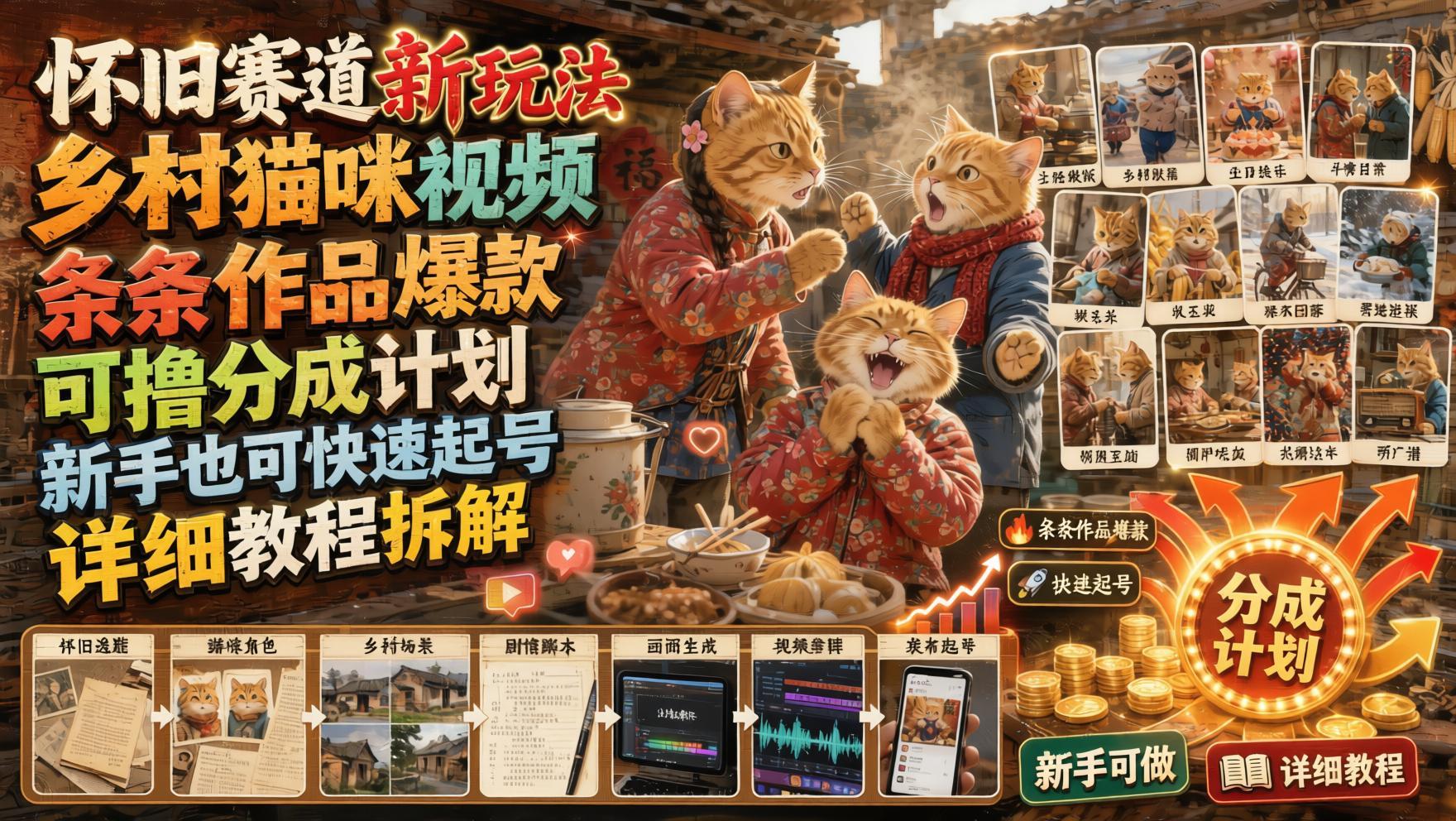 怀旧乡村猫咪视频教程:治愈系萌宠新玩法,快速起号撸分成收益(哈)- 哈蒙副业社